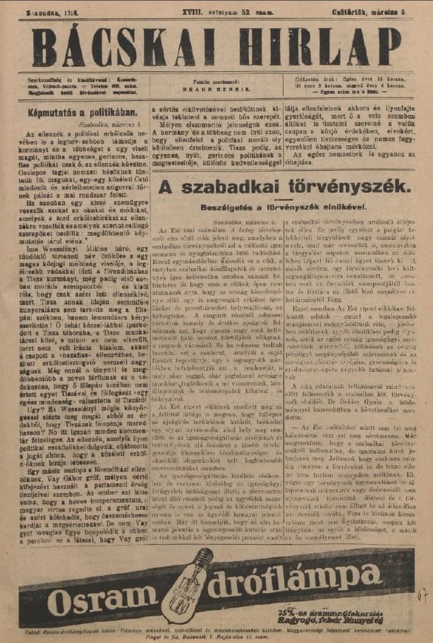 Bácskai Hirlap, 18. évf. 1914. március 5. 52. sz.
