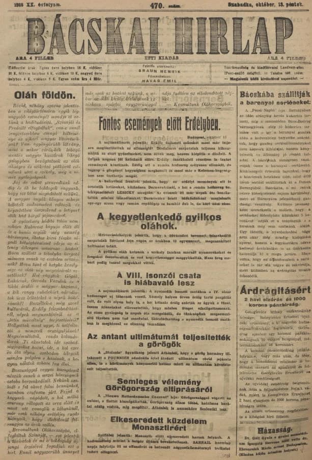 Bácskai Hirlap, 20. évf. 1916. október 13. 470. sz.