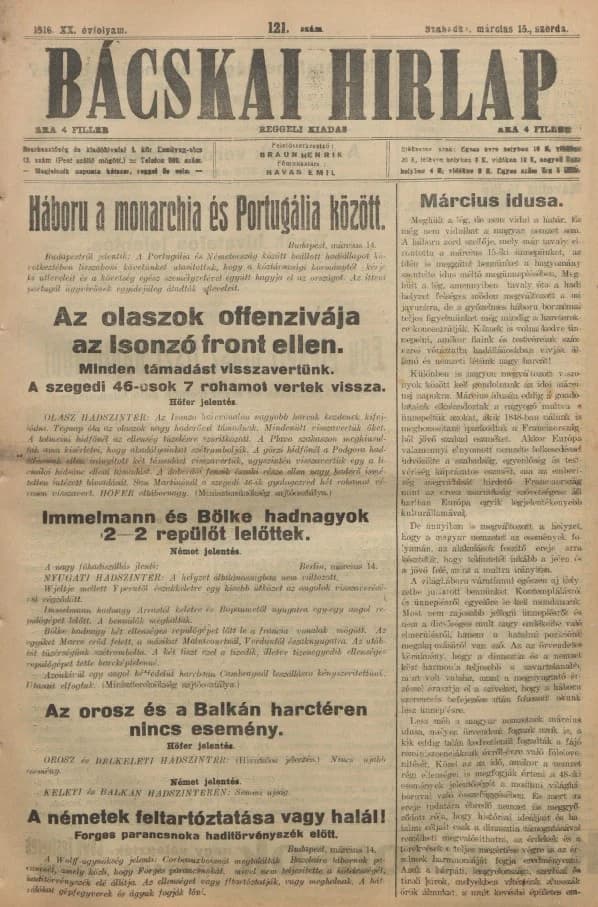 Bácskai Hirlap, 20. évf. 1916. március 15. 121. sz.