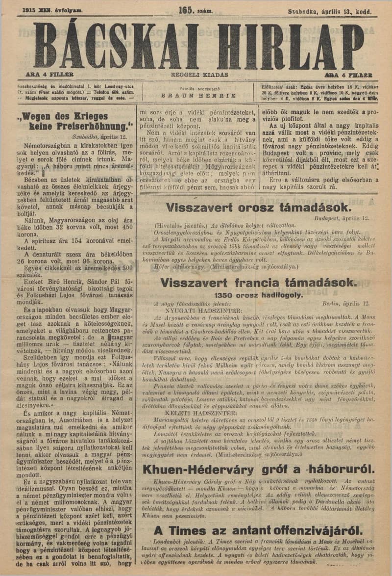 Bácskai Hirlap, 19. évf. 1915. április 13. 165. sz.