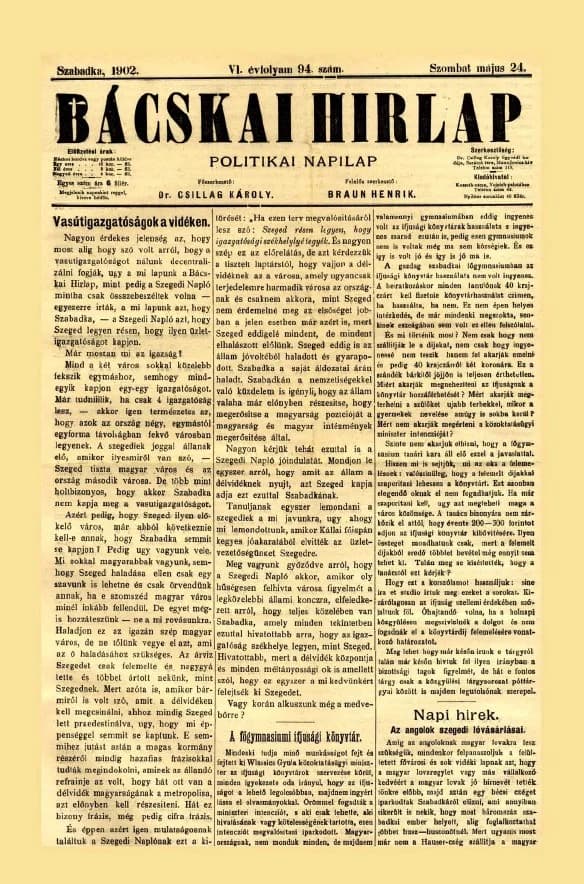 Bácskai Hirlap, 6. évf. 1902. május 24. 94. sz.