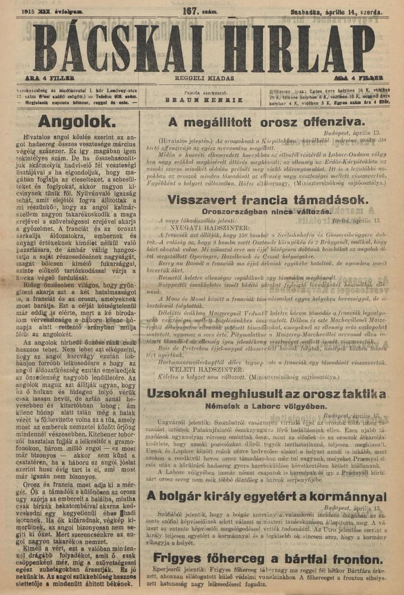 Bácskai Hirlap, 19. évf. 1915. április 14. 167. sz.