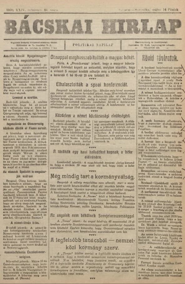 Bácskai Hirlap, 24. évf. 1920. május 14. 61. sz.