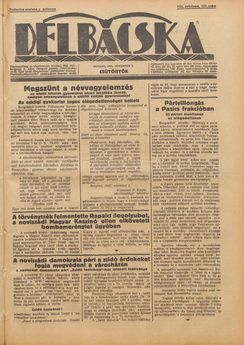 Délbácska, 8. évf. 1927. november 3. 255. sz.