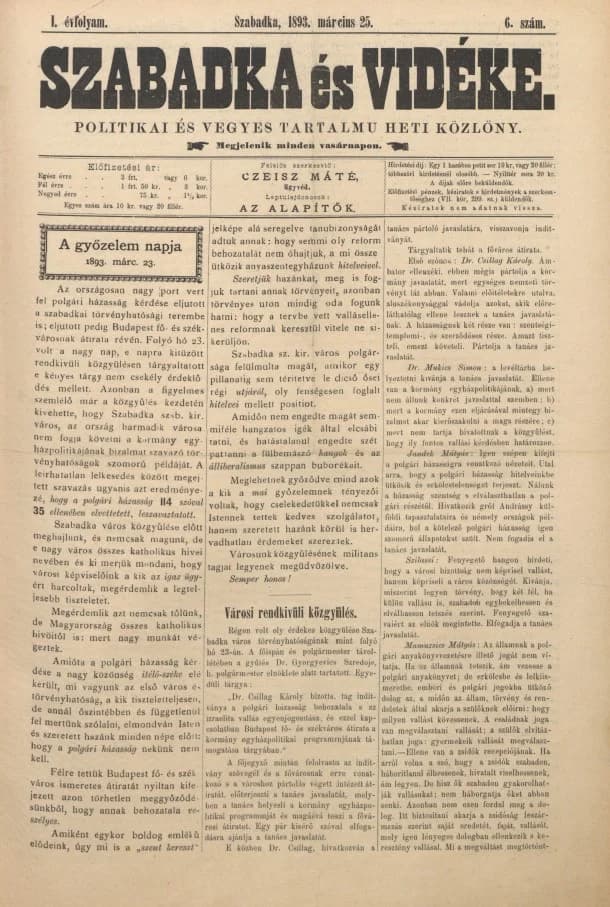Szabadka és vidéke II, 1. évf. 1893. március 25. 6. sz.