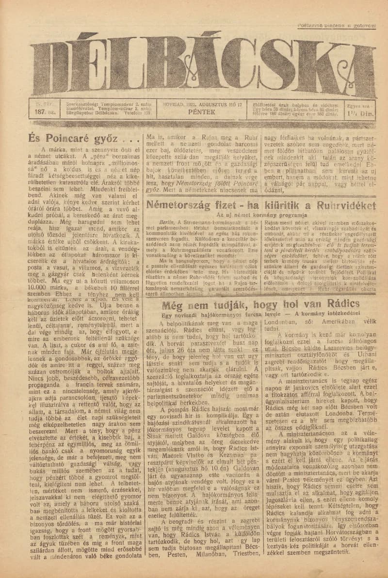 Délbácska, 4. évf. 1923. augusztus 17. 187. sz.