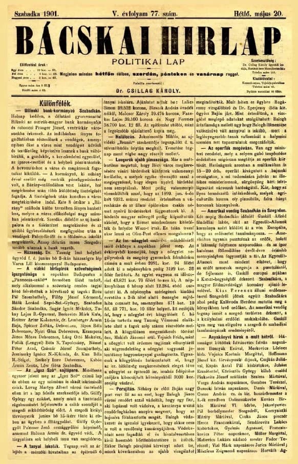 Bácskai Hirlap, 5. évf. 1901. május 20. 77. sz.