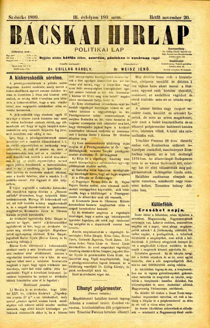 Bácskai Hirlap, 3. évf. 1899. november 20. 180. sz.
