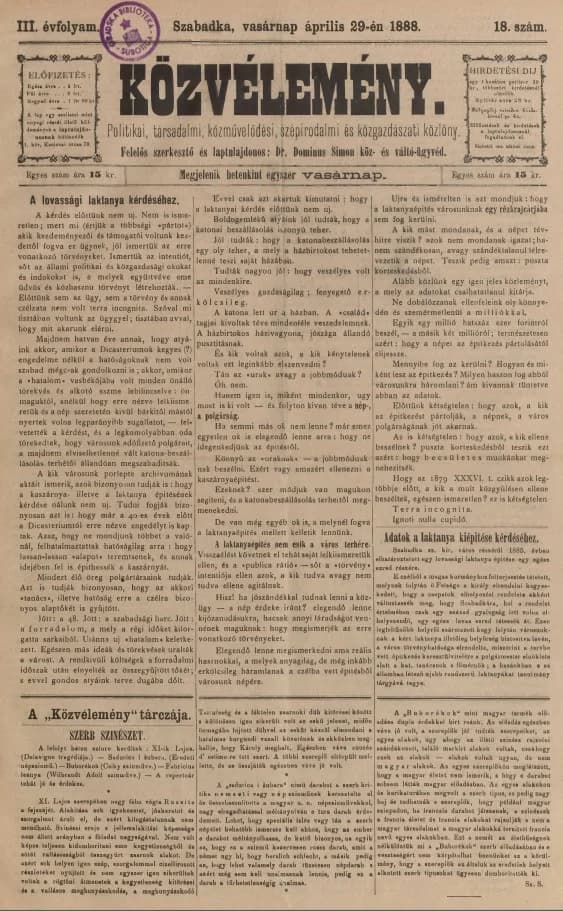 Közvélemény, 3. évf. 1888. április 29. 18. sz.