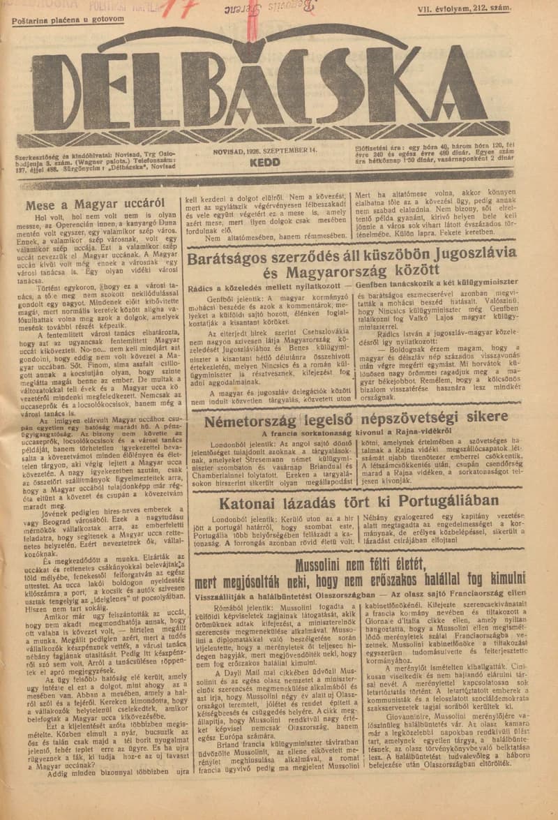 Délbácska, 7. évf. 1926. szeptember 14. 212. sz.