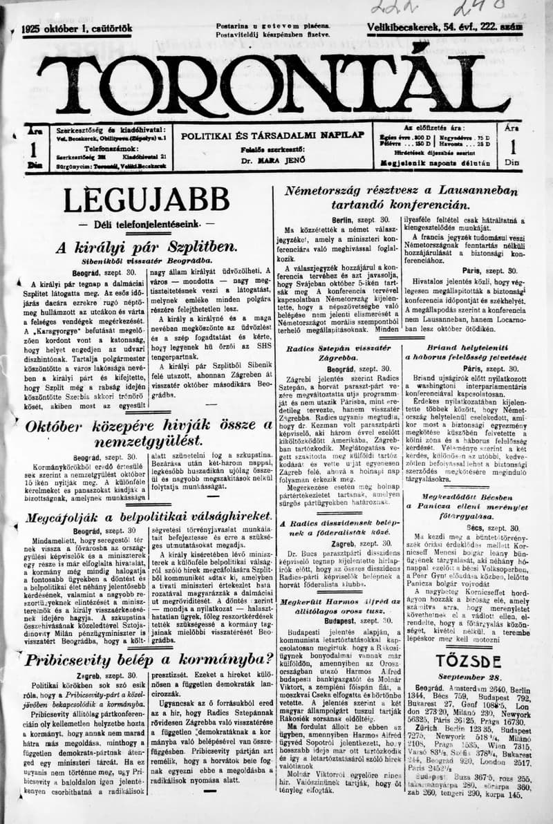 Torontál, 54. évf. 1925. október 1. 222. sz.