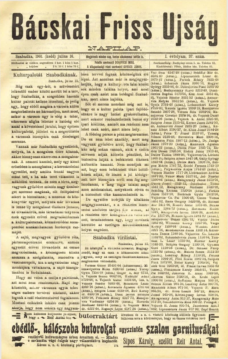 Bácskai Friss Ujság, 1. évf. 1901. július 16. 37. sz.