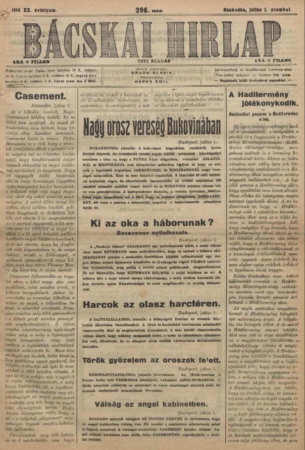 Bácskai Hirlap, 20. évf. 1916. július 1. 296. sz.