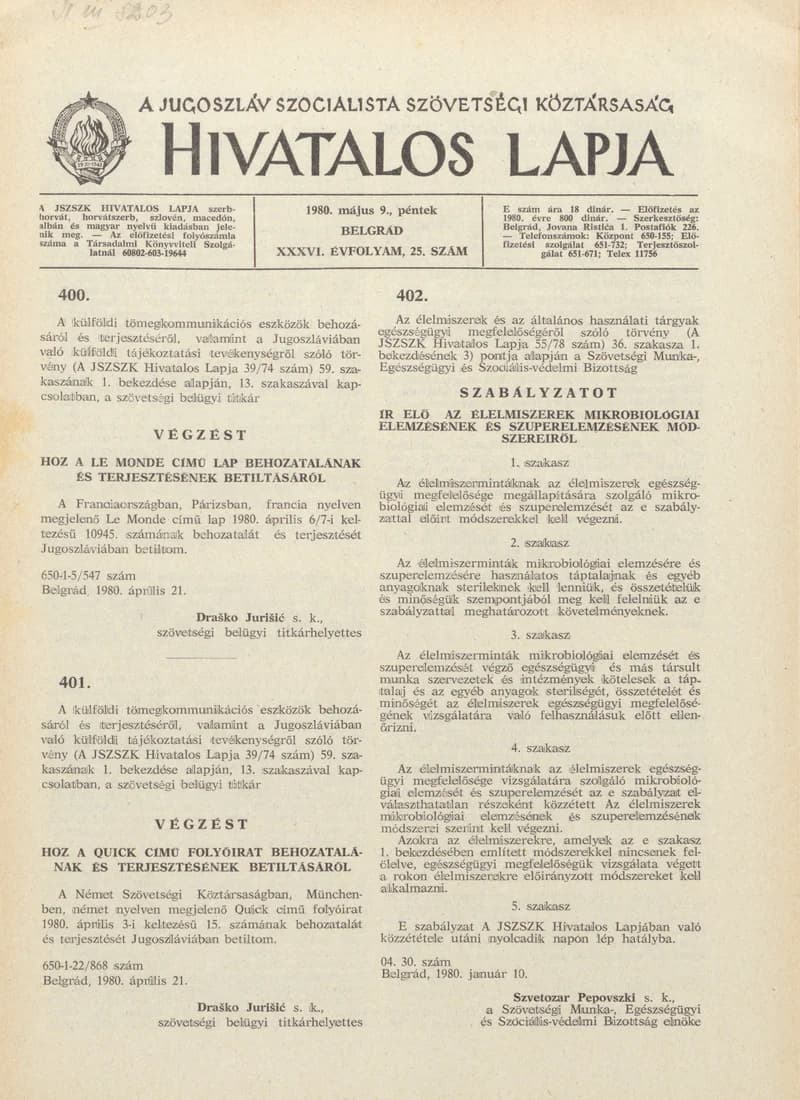 A Jugoszláv Szocialista Szövetségi Köztársaság Hivatalos Lapja, 36. évf. 1980. május 9. 25. sz. 853–900. oldal