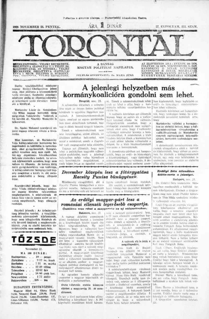 Torontál, 57. évf. 1928. november 23. 272. sz.