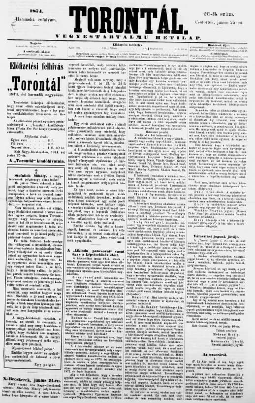 Torontál, 3. évf. 1874. június 25. 26. sz.