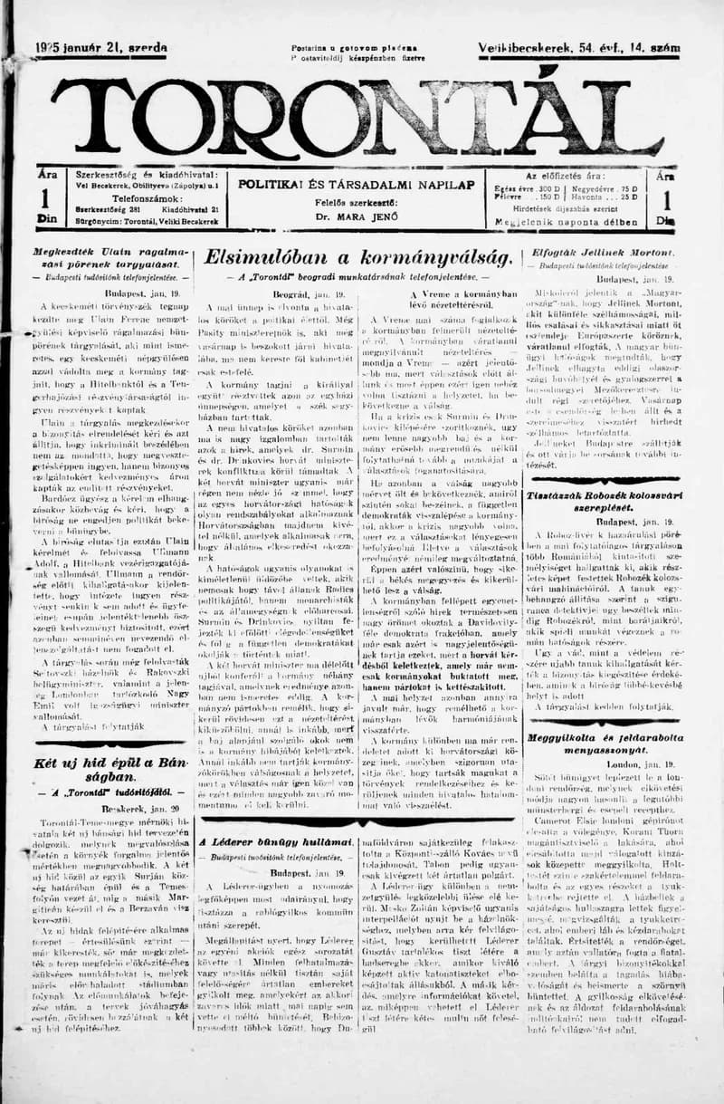 Torontál, 54. évf. 1925. január 21. 14. sz.