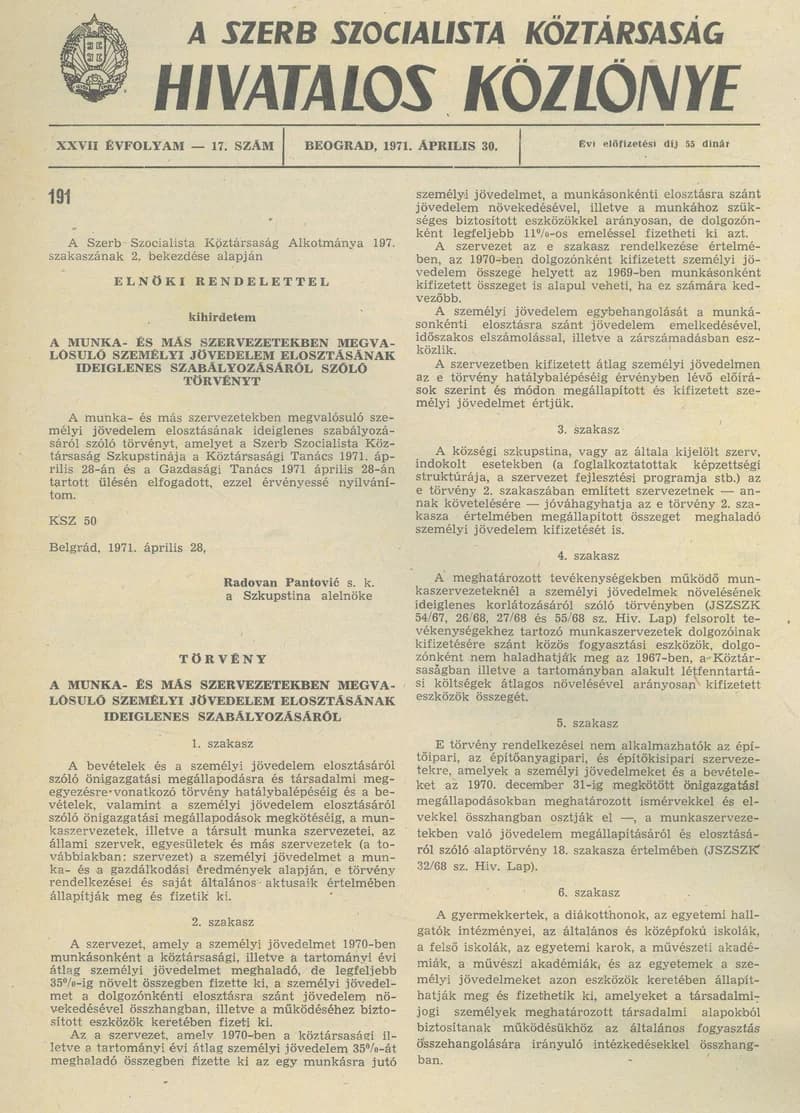 A Szerb Szocialista Köztársaság Hivatalos Közlönye, 27. évf. 1971. április 30. 17. sz. 401–404. oldal