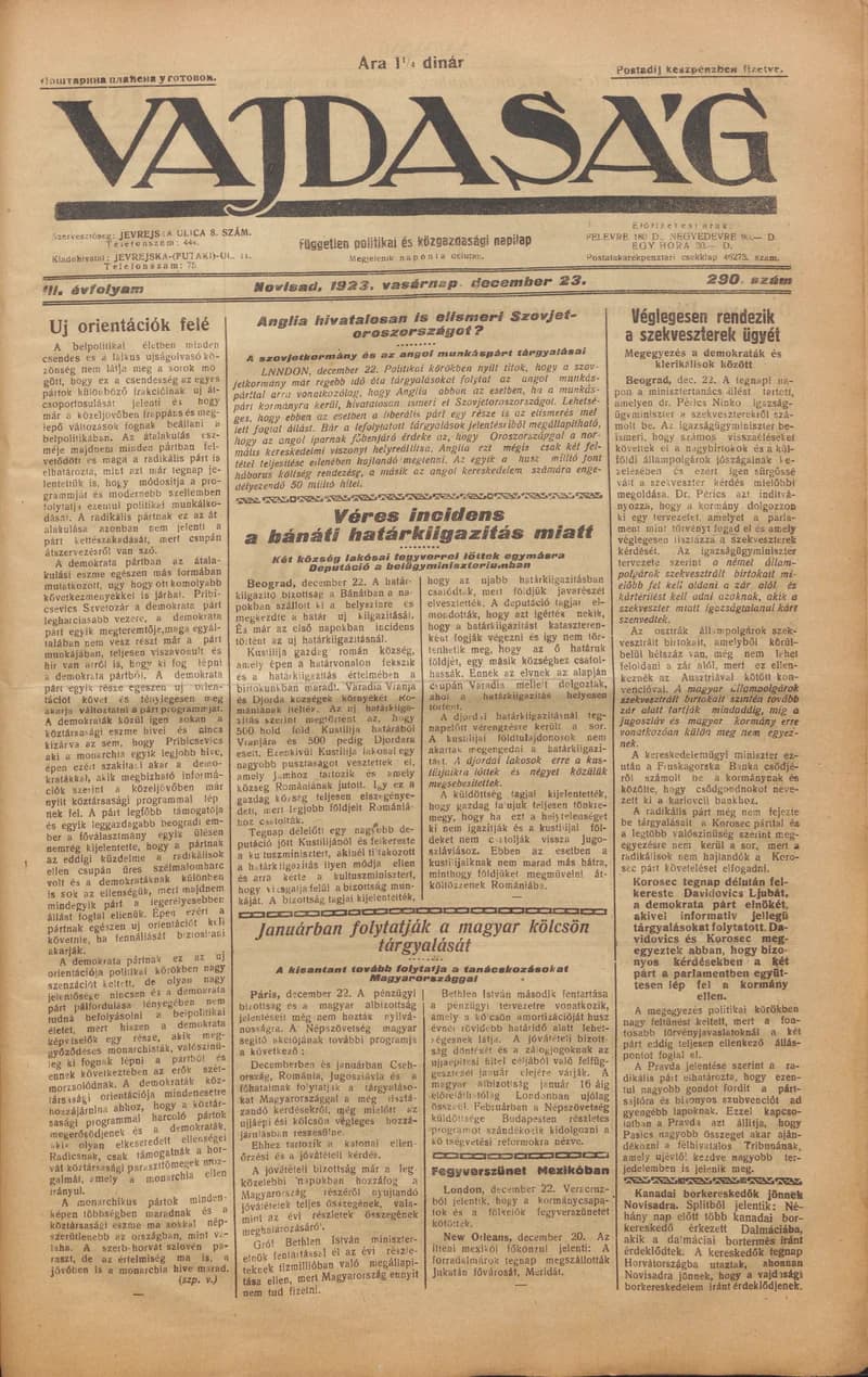 Vajdaság, 3. évf. 1923. december 23. 290. sz.