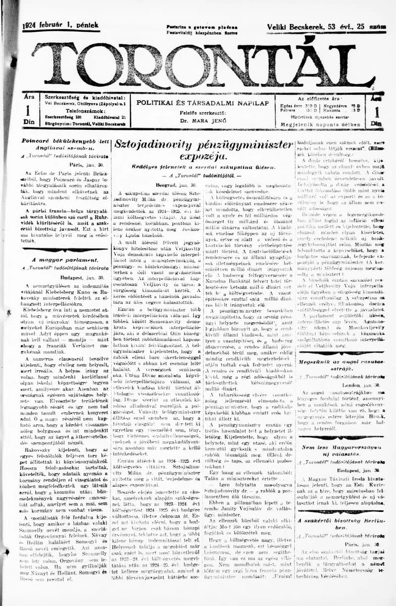 Torontál, 53. évf. 1924. február 1. 25. sz.
