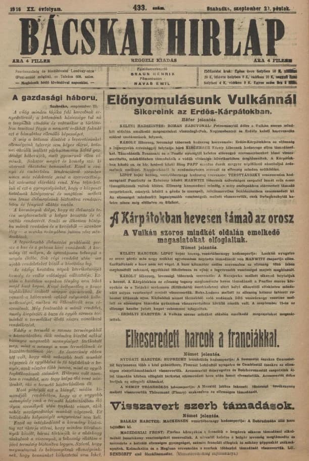 Bácskai Hirlap, 20. évf. 1916. szeptember 22. 433. sz.