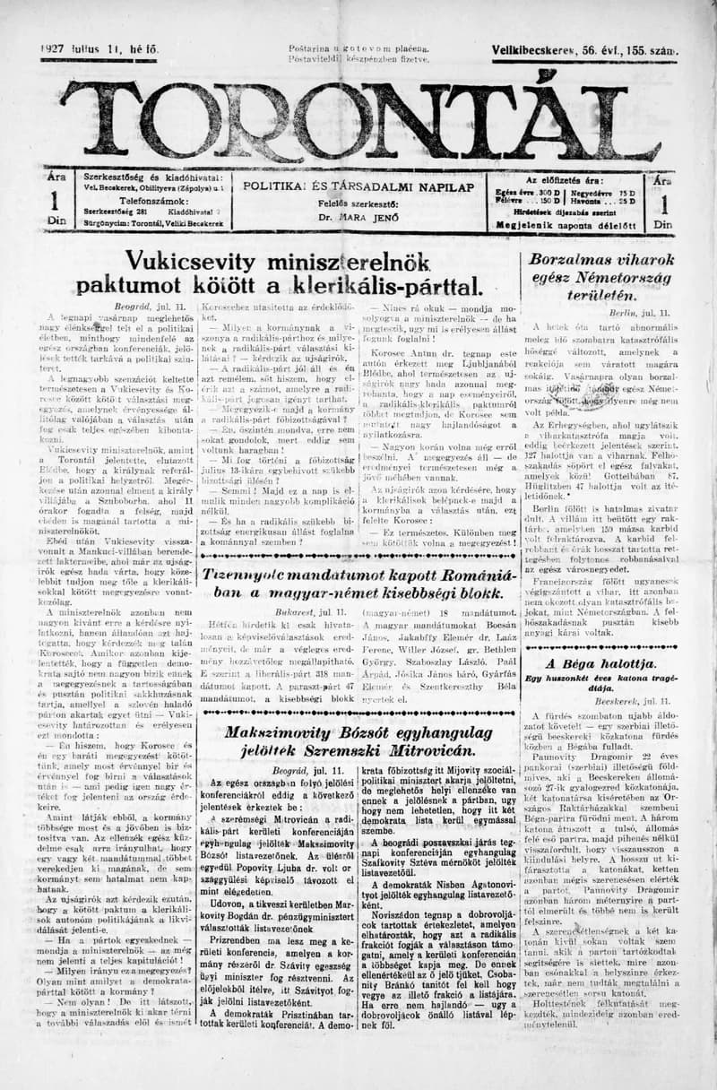 Torontál, 56. évf. 1927. július 11. 155. sz.