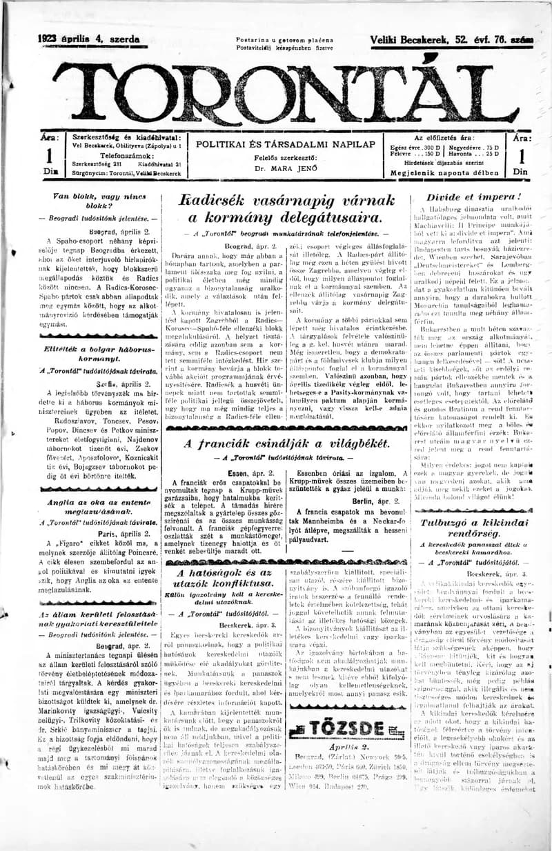 Torontál, 52. évf. 1923. április 4. 76. sz.