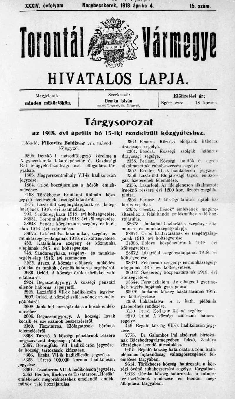 Torontál Vármegye Hivatalos Lapja, 34. évf. 1918. április 4. 15. sz.