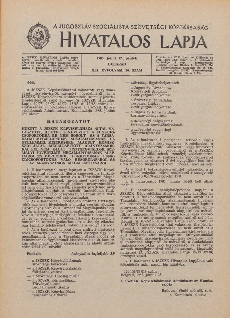 A Jugoszláv Szocialista Szövetségi Köztársaság Hivatalos Lapja, 41. évf. 1985. július 12. 34. sz. 1061–1096. oldal