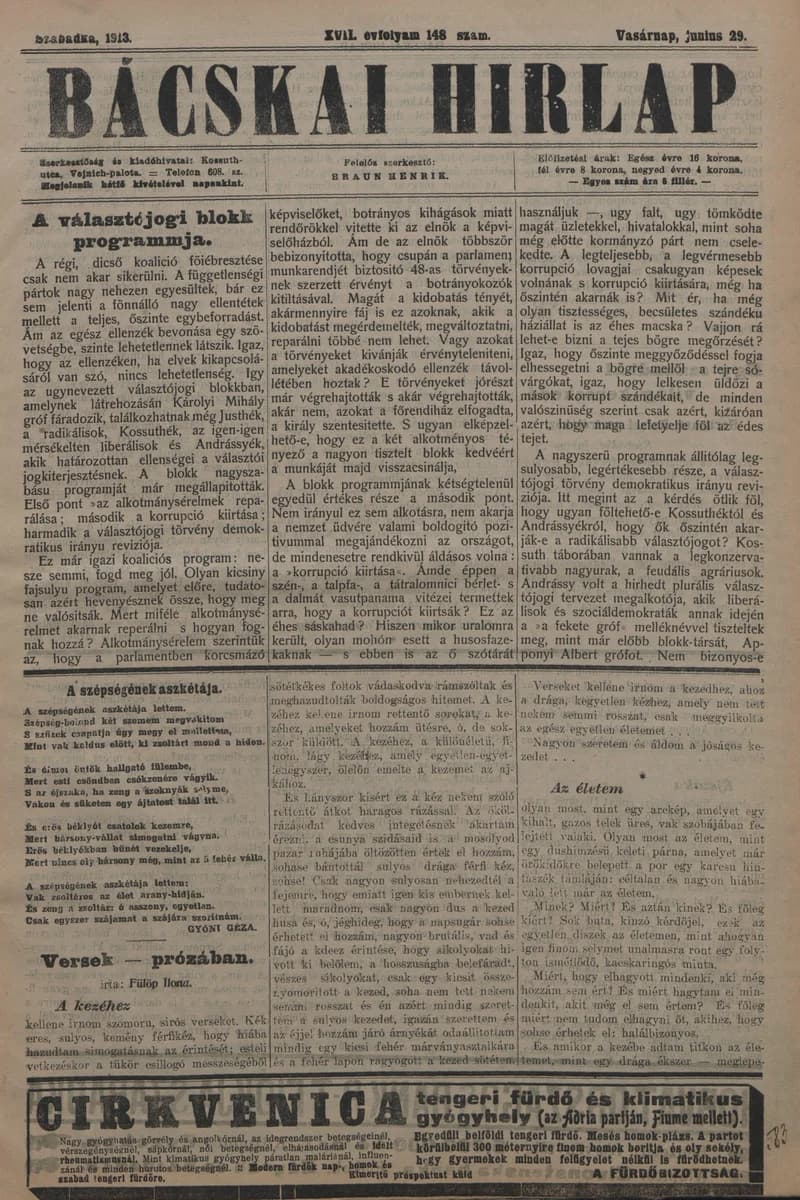 Bácskai Hirlap, 17. évf. 1913. június 29. 148. sz.
