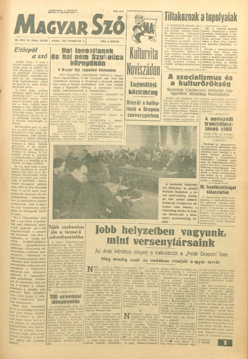 Magyar Szó, 9. évf. 1952. február 5. 31. sz. 1–6. oldal