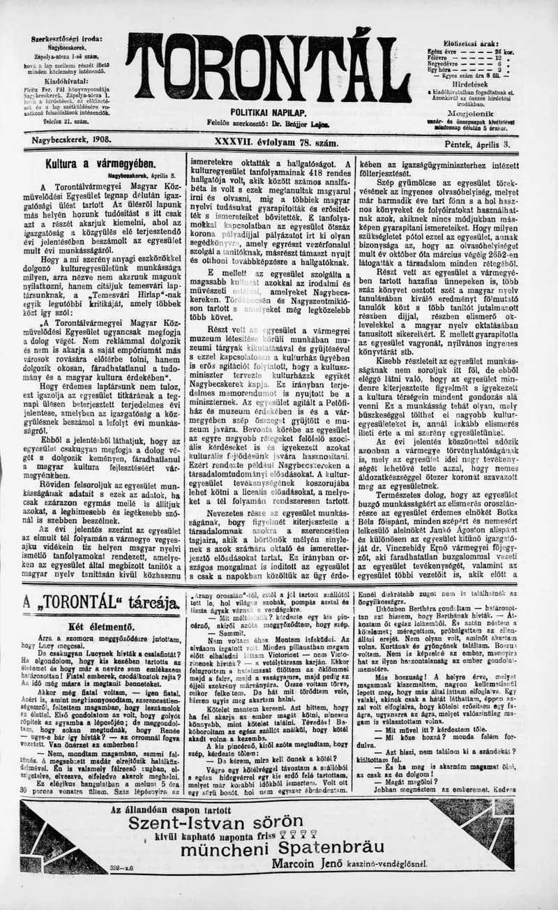 Torontál, 37. évf. 1908. április 3. 78. sz.