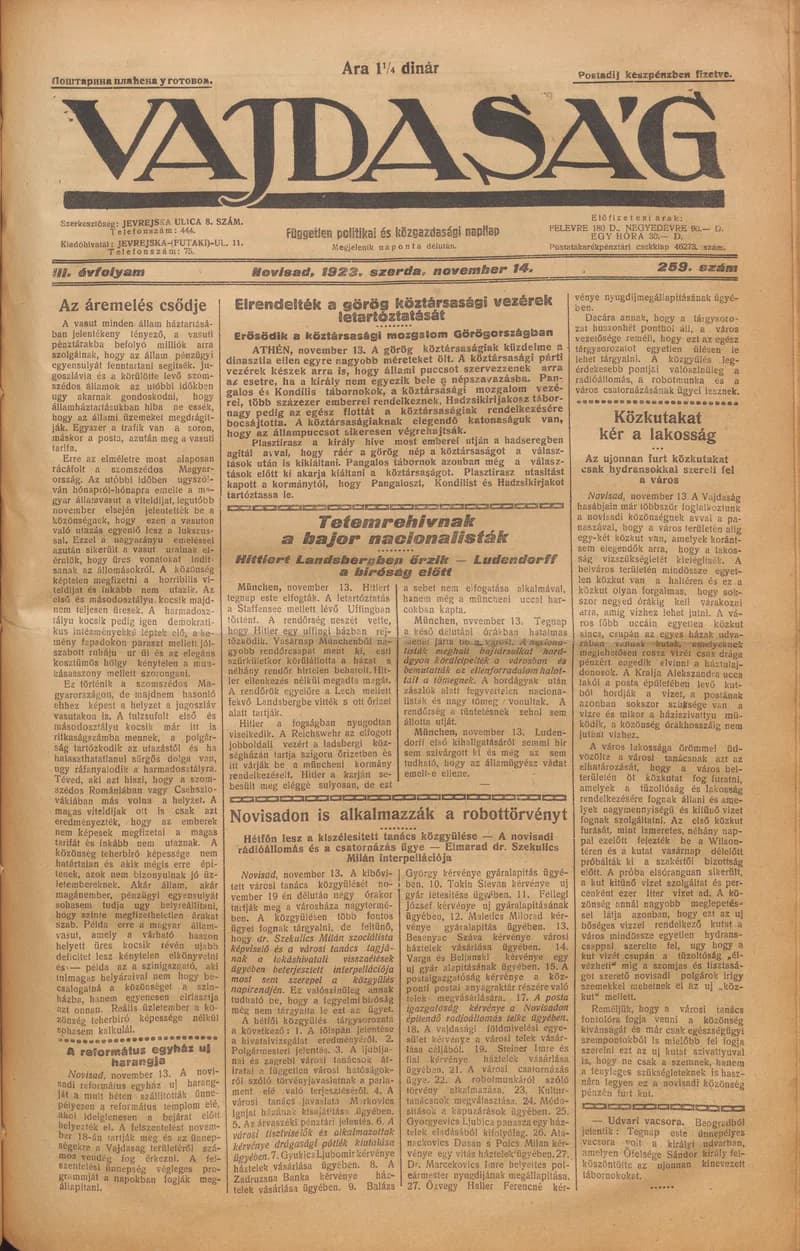 Vajdaság, 3. évf. 1923. november 14. 259. sz.