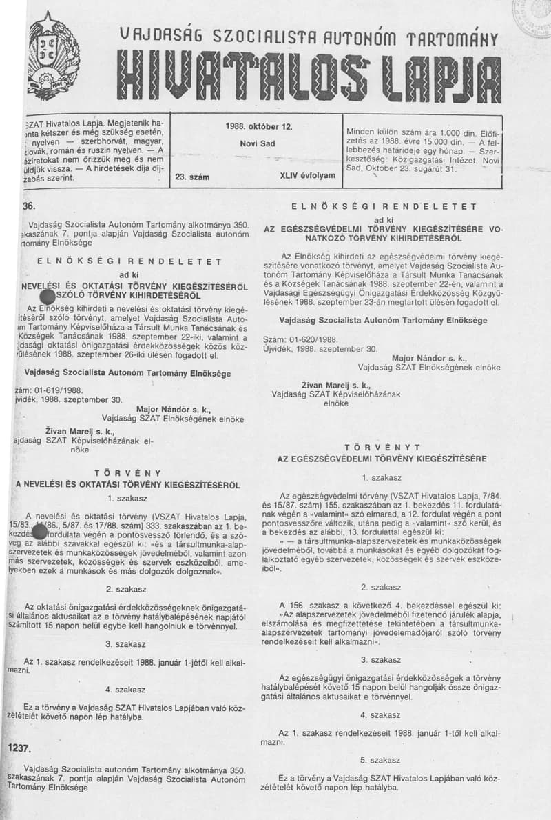 Vajdaság Szocialista Autonóm Tartomány Hivatalos Lapja, 44. évf. 1988. október 12. 23. sz.