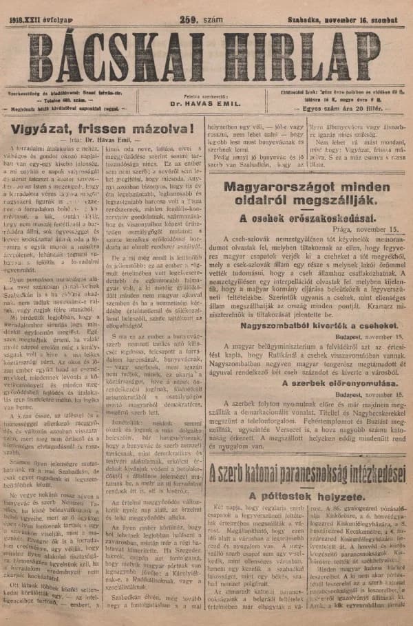 Bácskai Hirlap, 22. évf. 1918. november 16. 259. sz.