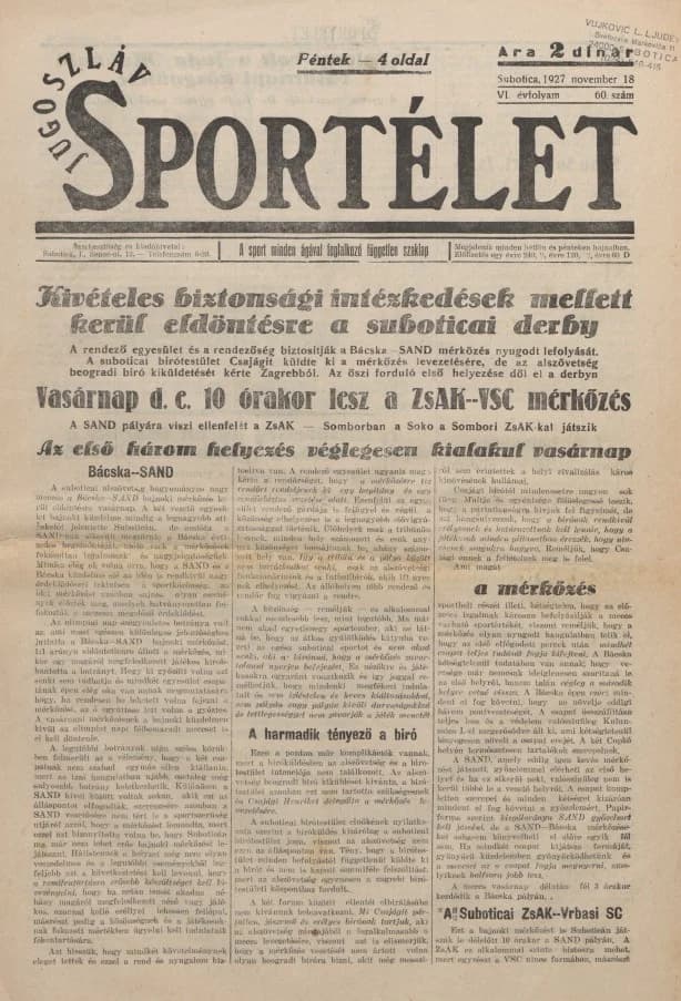 Jugoszláv sportélet, 6. évf. 1927. november 18. 60. sz.