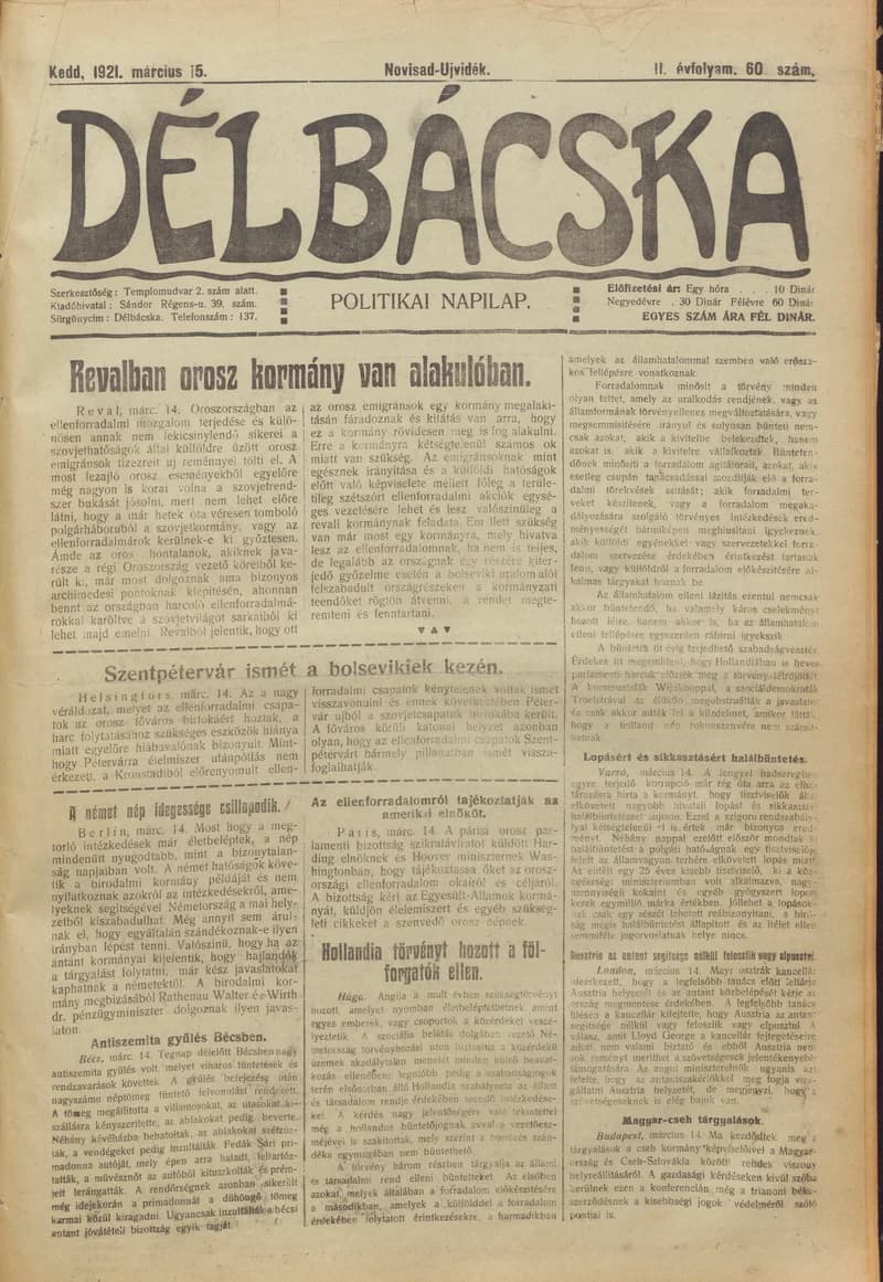 Délbácska, 2. évf. 1921. március 15. 60. sz.
