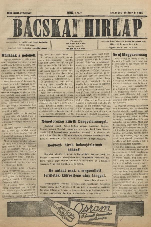 Bácskai Hirlap, 22. évf. 1918. október 9. 226. sz.