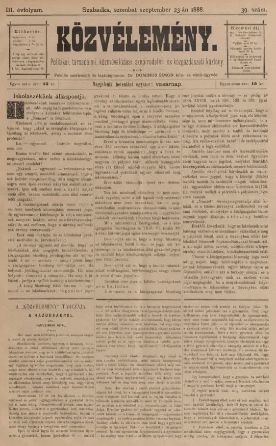 Közvélemény, 3. évf. 1888. szeptember 23. 39. sz.
