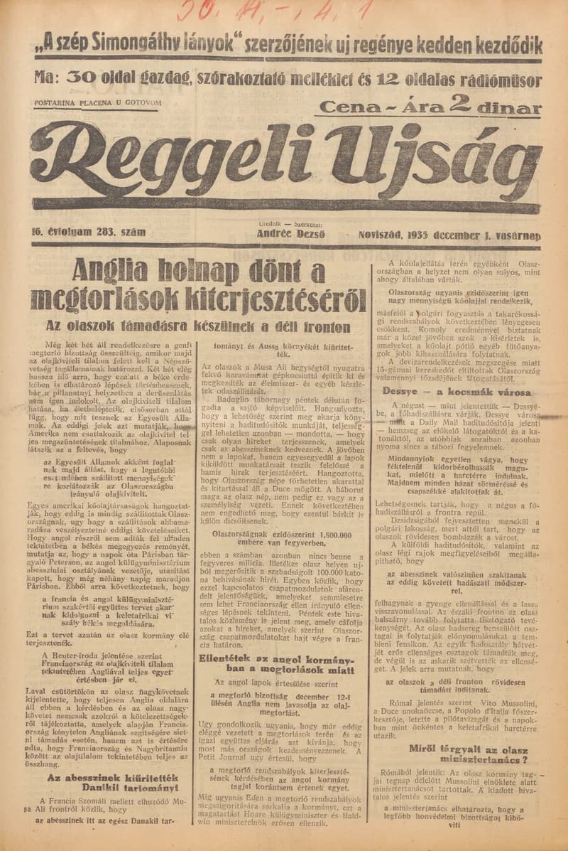 Reggeli Újság, 16. évf. 1935. december 1. 283. sz.