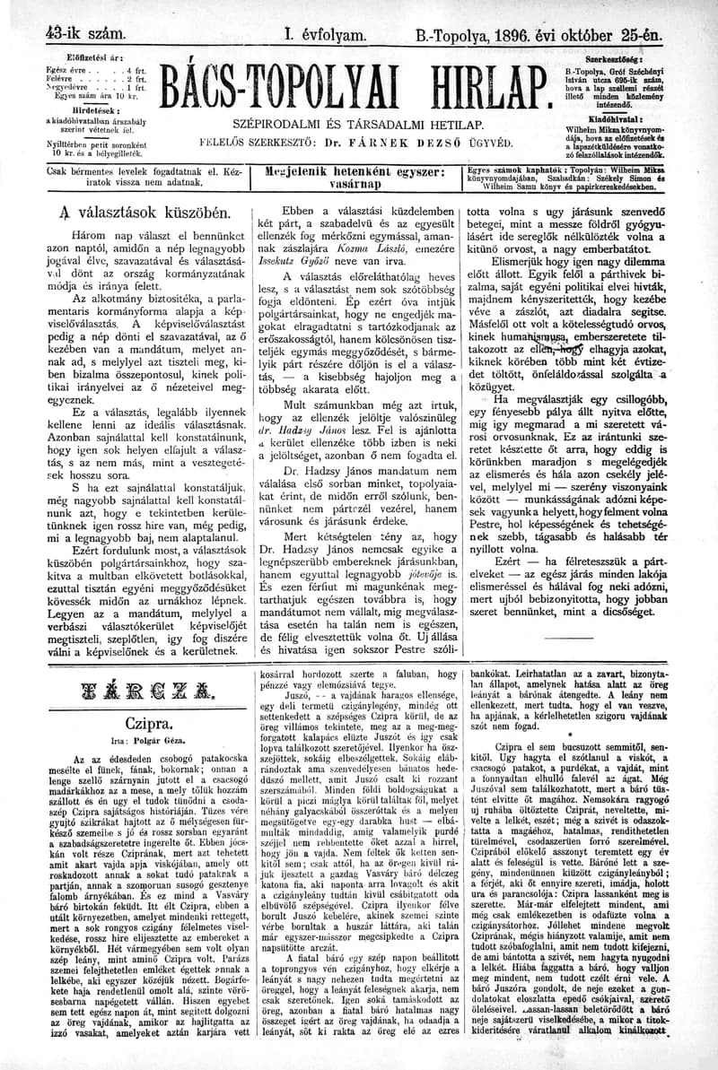 Bács-Topolyai Hirlap, 1. évf. 1896. október 25. 43. sz.