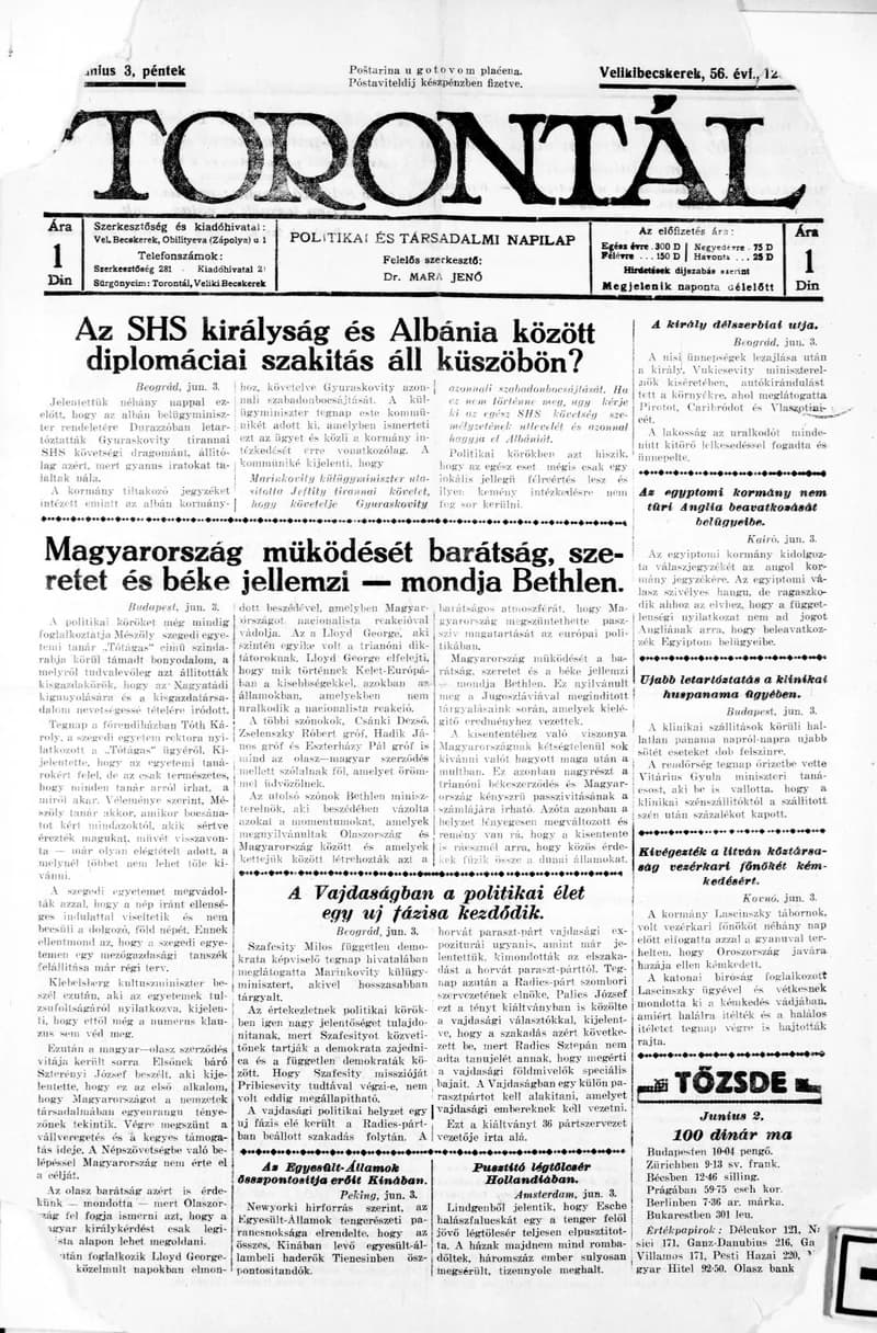 Torontál, 56. évf. 1927. június 3. 126. sz.