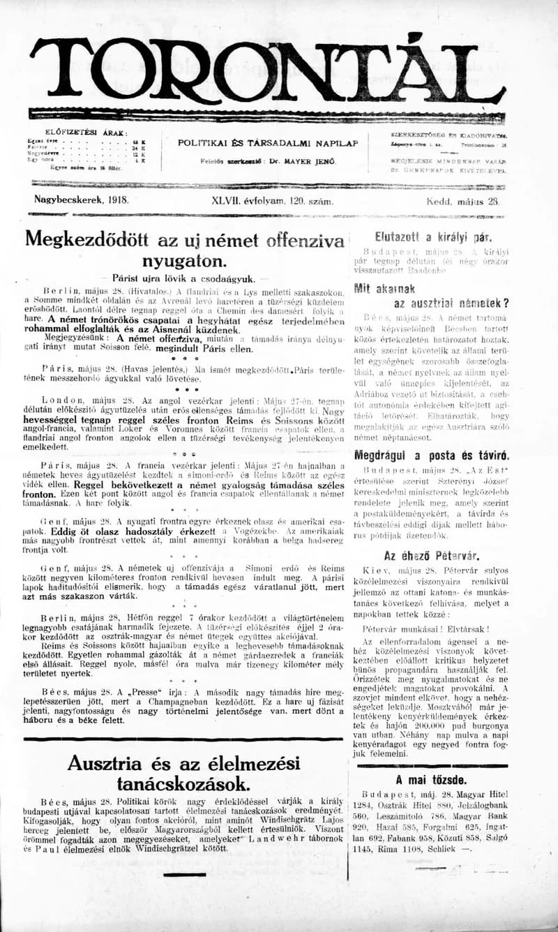 Torontál, 47. évf. 1918. május 28. 120. sz.