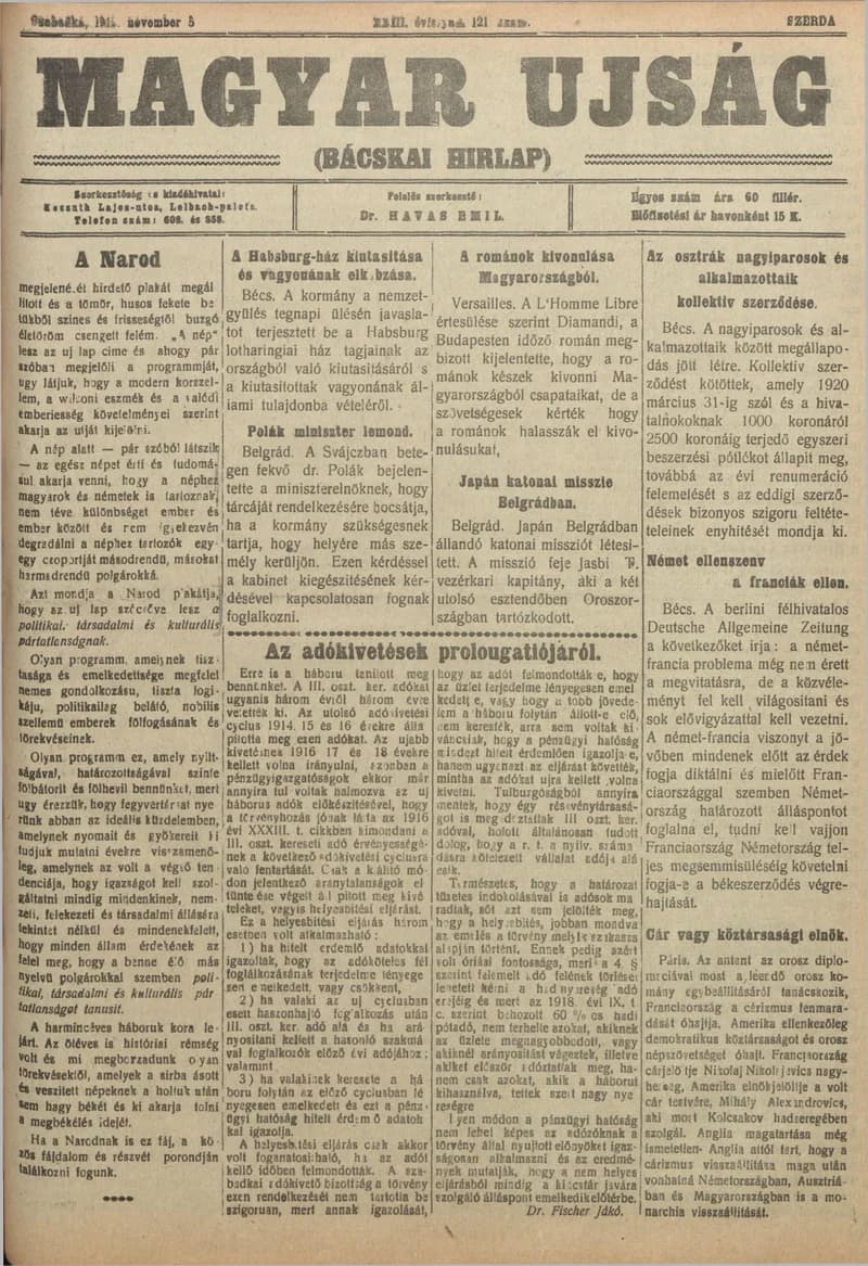 Bácskai Hirlap, 23. évf. 1919. november 5. 121. sz.