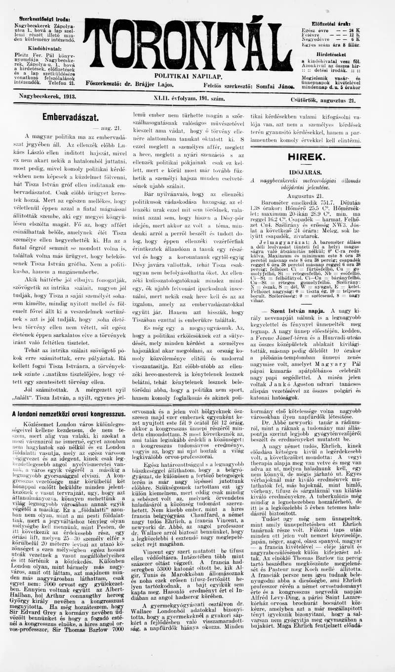 Torontál, 42. évf. 1913. augusztus 21. 191. sz.