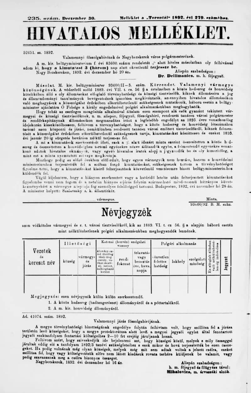 A Totontál  hivatalos melléklete, 5. évf. 1892. december 30. 235. sz.