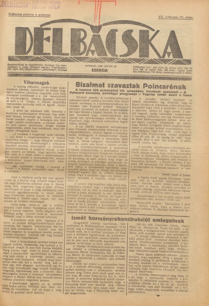 Délbácska, 7. évf. 1926. július 28. 171. sz.