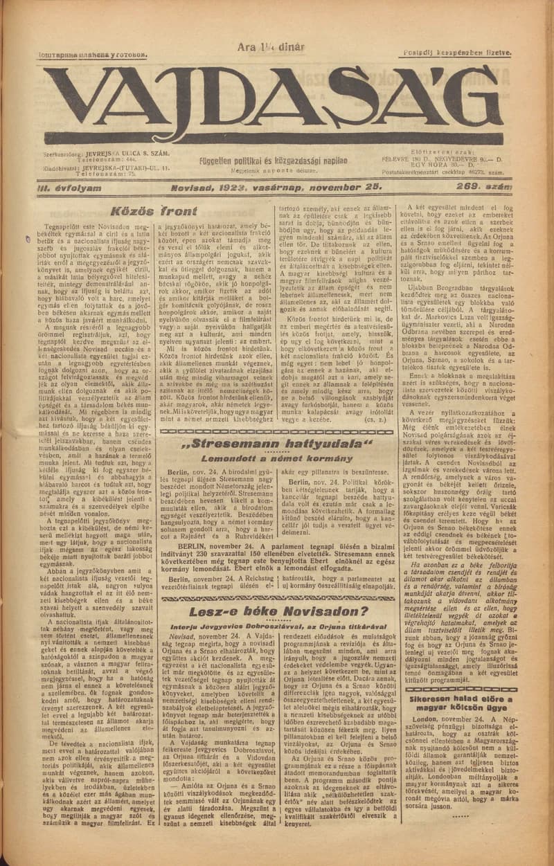 Vajdaság, 3. évf. 1923. november 25. 269. sz.