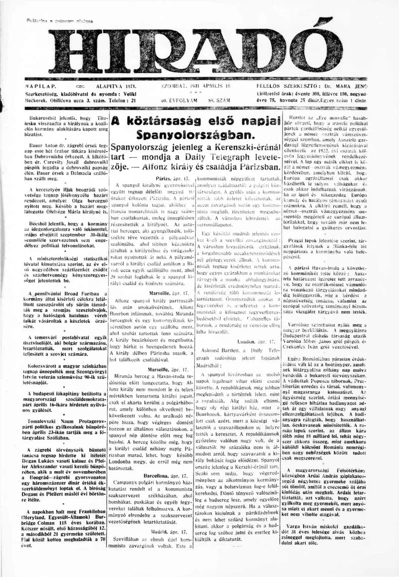 Híradó, 60. évf. 1931. április 18. 89. sz.