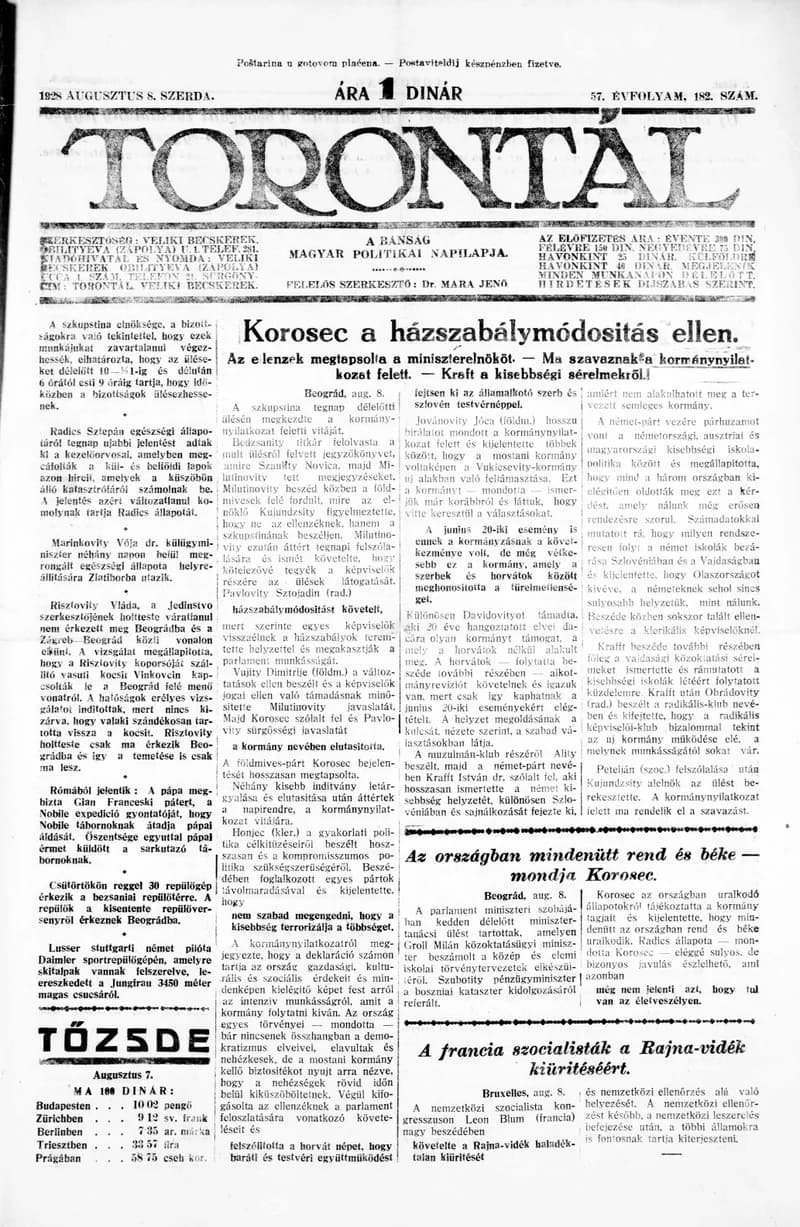 Torontál, 57. évf. 1928. augusztus 8. 182. sz.